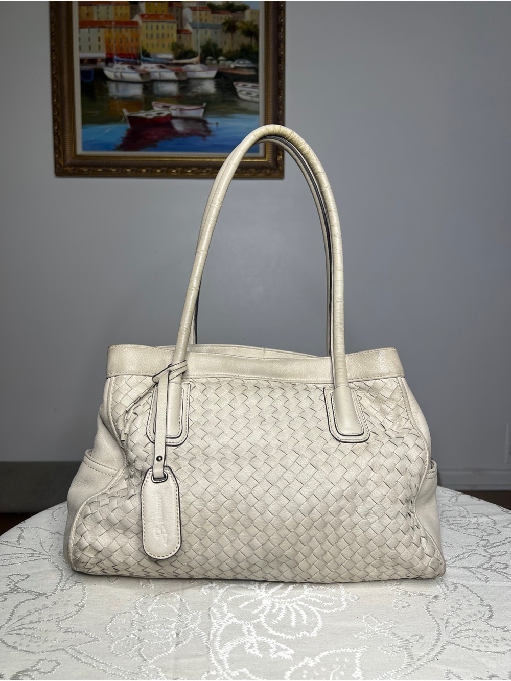 B. Makowsky Cream Woven Leather Shoulder Bag - Elegant Everyday Shoulder Bag